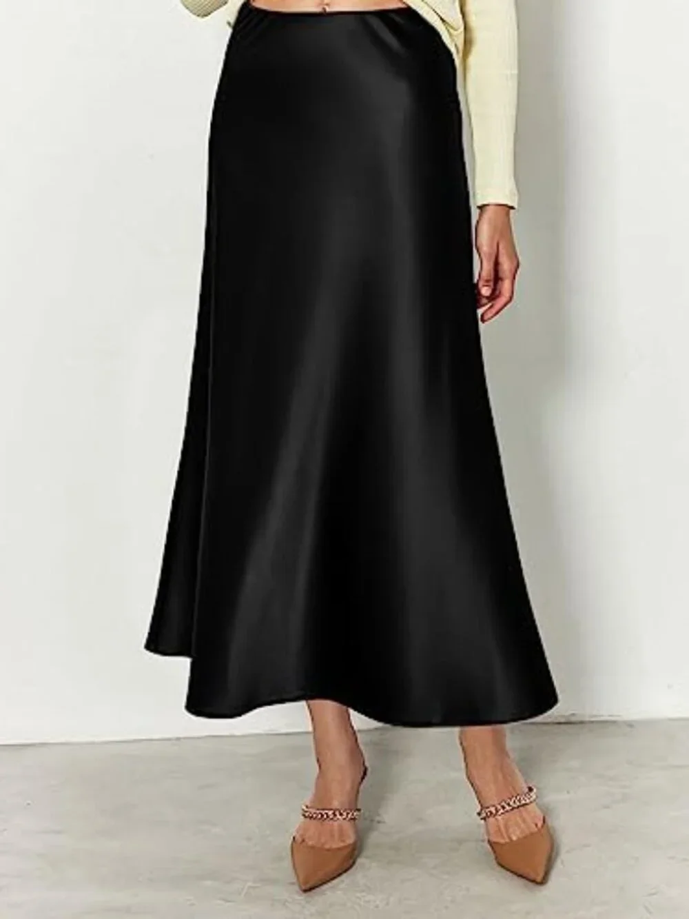 Women's High Waisted Midi Satin Skirt Ruffle Hem Elastic A-Line